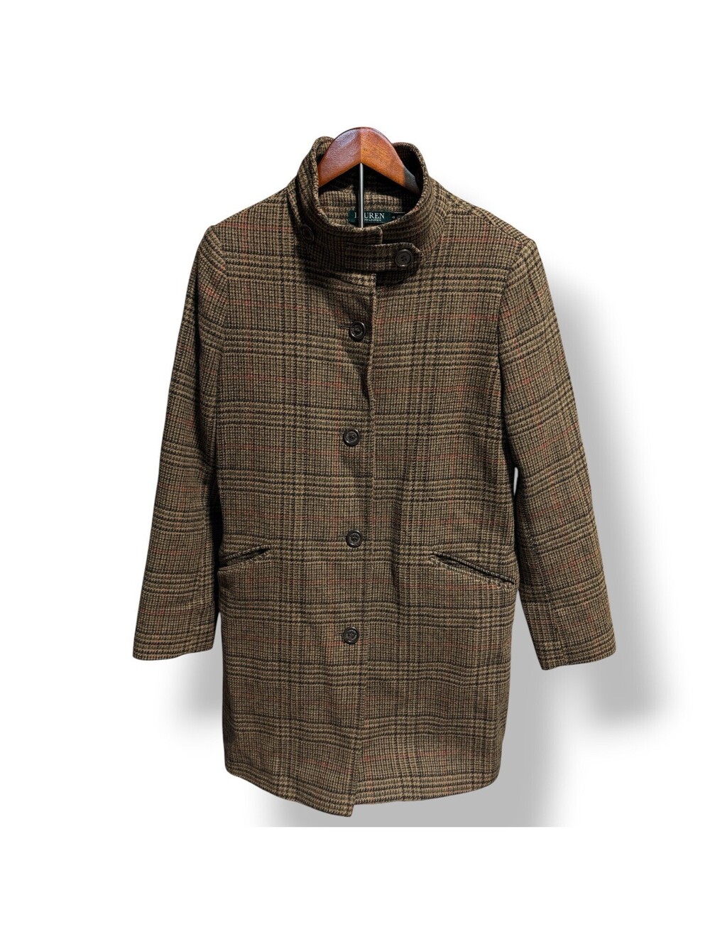 Lauren Ralph Lauren Women 10 Plaid Wool Blend Stand Collar Coat Brown Check